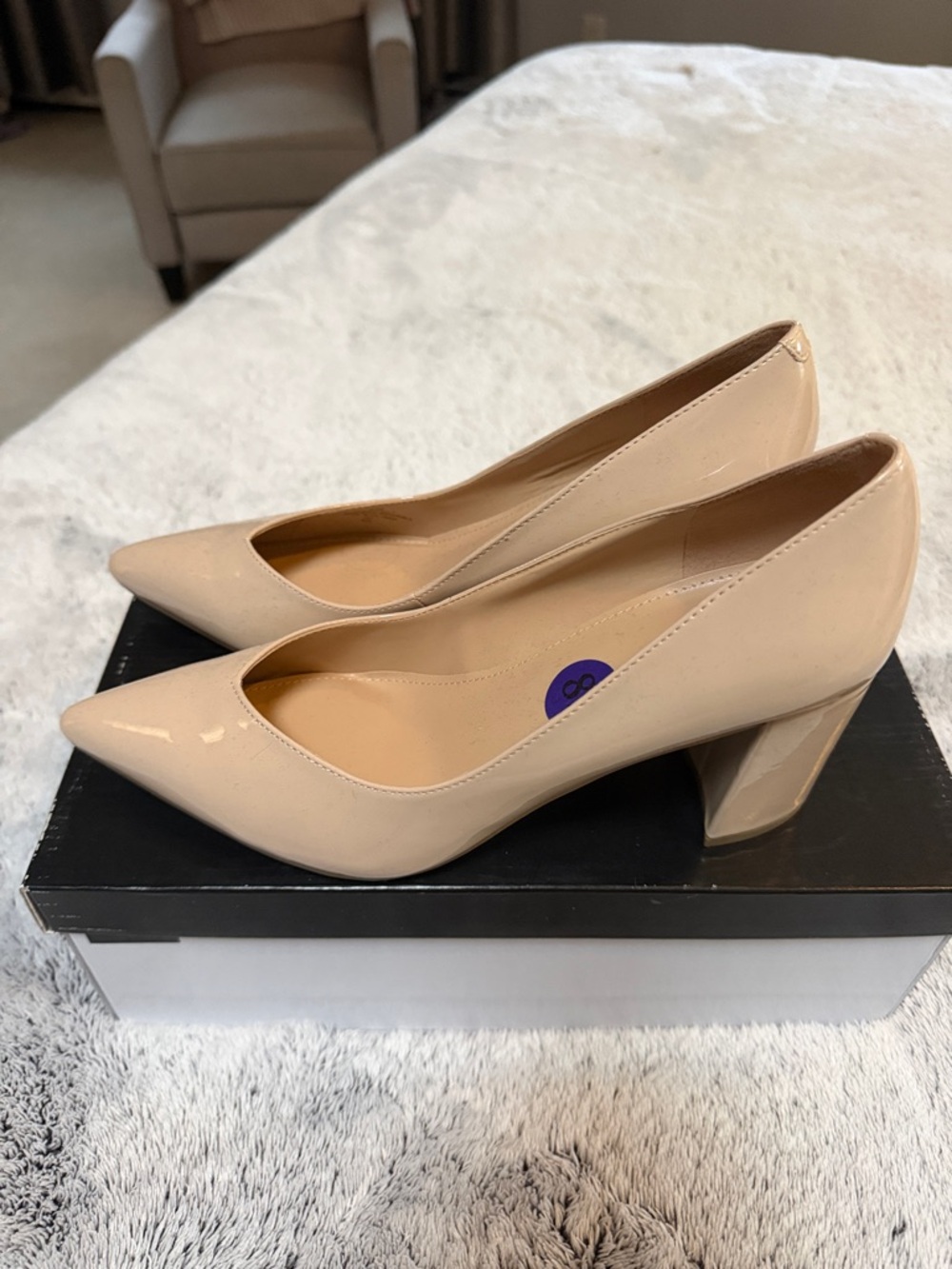 Marc Fisher Patent Pointed-Toe Block Heel Pumps in Nude Beige